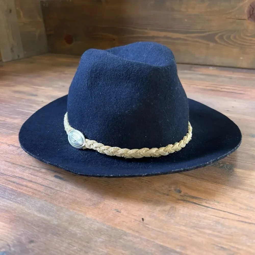 Lovely Bird San Miguel Fedora Hat 100% Wool Leather Braid Navy Blue